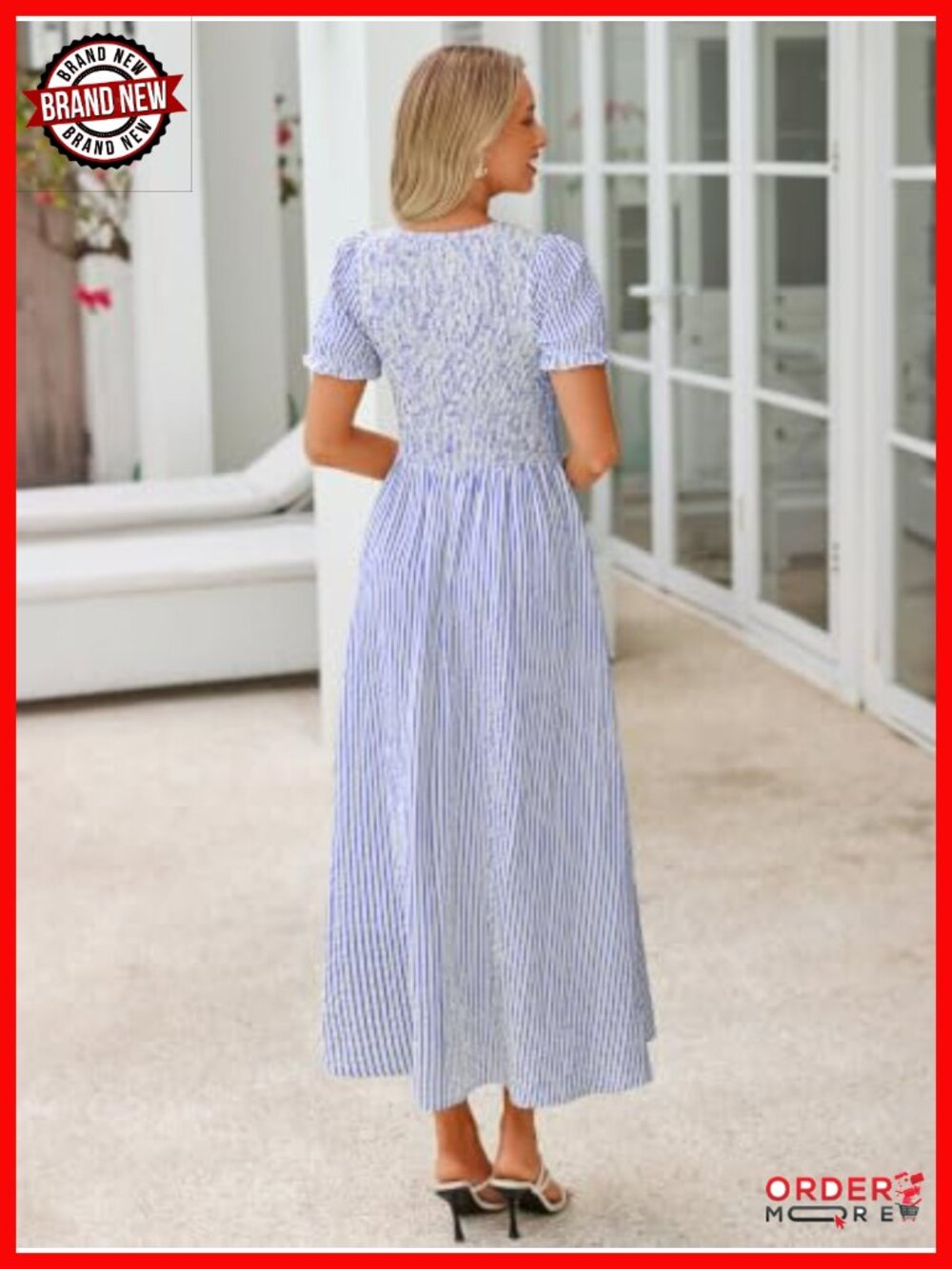 Smocked Puff Sleeve High Waist Midi Dress with Pockets - Picture 4 of 6